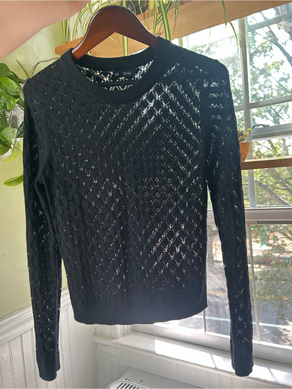 GAP Sheer Black Open-Knit Crewneck Sweater